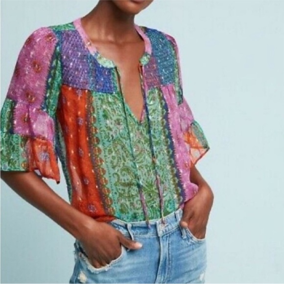 Anthropologie Akemi + Kin Antonella Patchwork Peasant Top Boho Multicolor Small - Picture 1 of 11